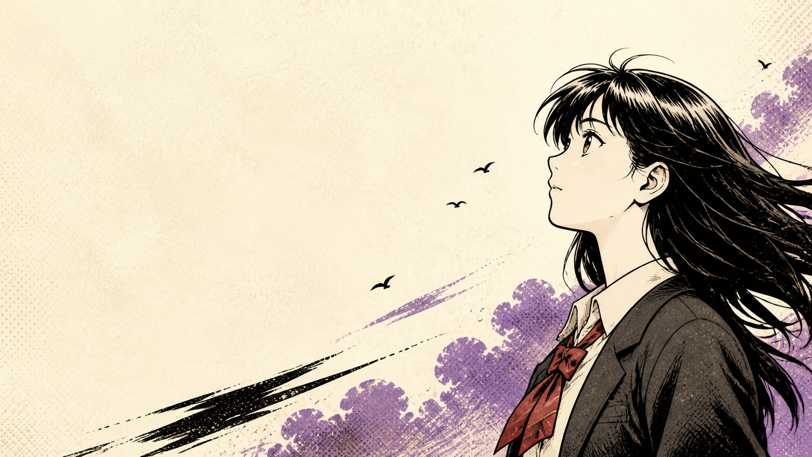 Manga-style student looking toward the horizon